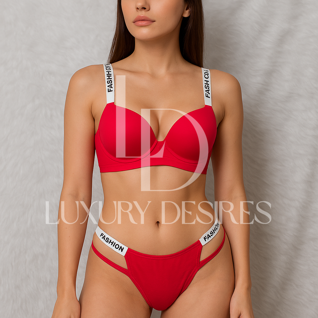 Red adjustable straps push up bra and panty set from Luxury Desires,