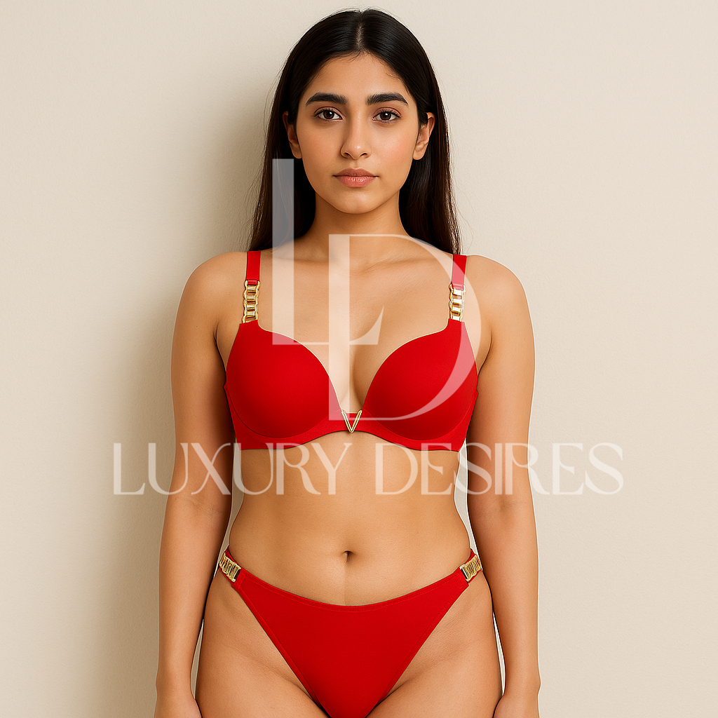 Quality Chain Straps Front Metal V Buckle Bra & Panty | Luxurydesires