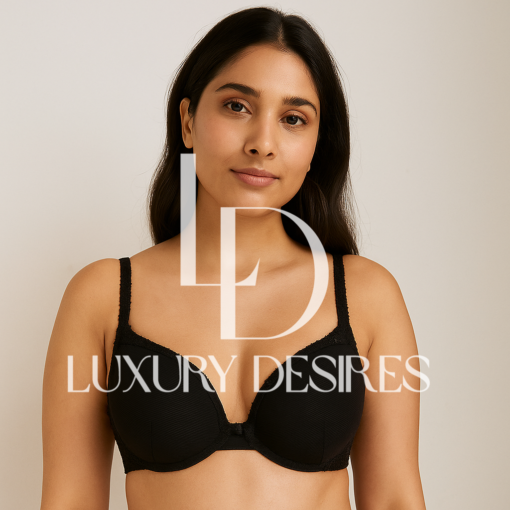 black bra with 'Luxury Desires' branding