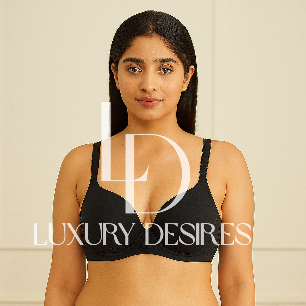 black Padded Bra with 'Luxury Desires' branding