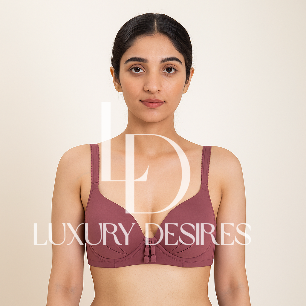 maroon Padded Bra with 'Luxury Desires' Branding