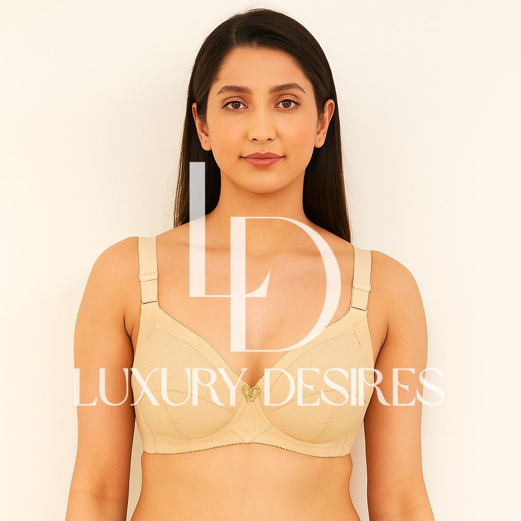 beige bra with 'Luxury Desires' branding
