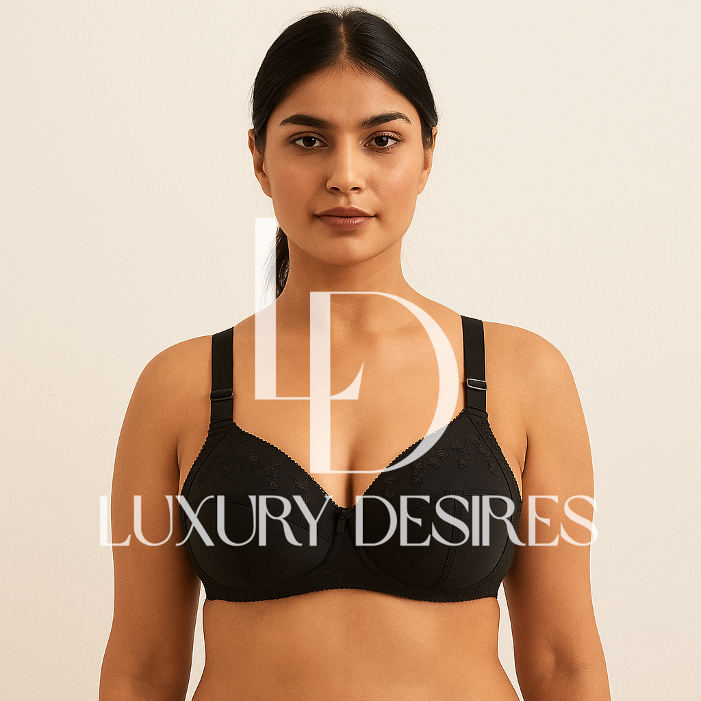 black bra with 'Luxury Desires' branding