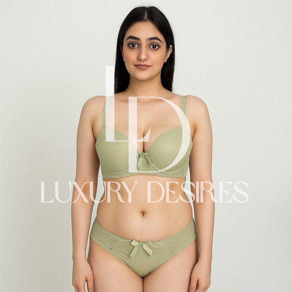 green bra and panties set with 'Luxury Desires'