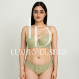 green bra and panties set with 'Luxury Desires'