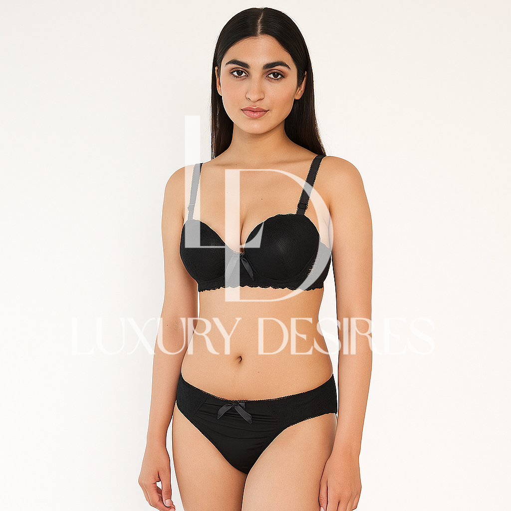black bra and panties set with 'Loverly Desire' branding.