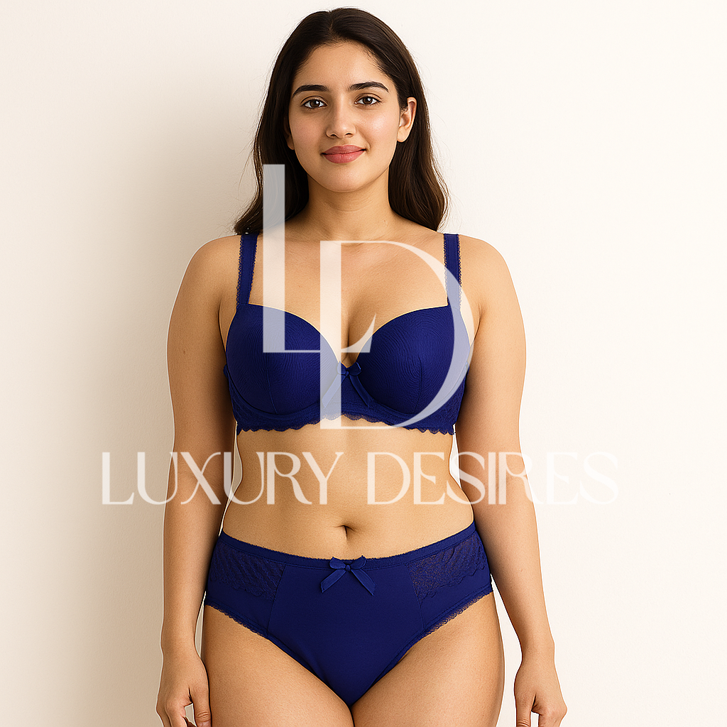 blue lingerie set with 'Luxury Desire'