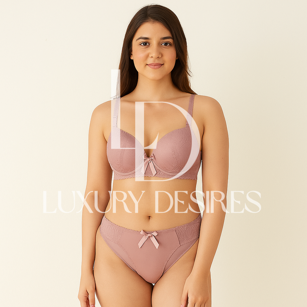 pink lingerie set with 'Luxury Desires'