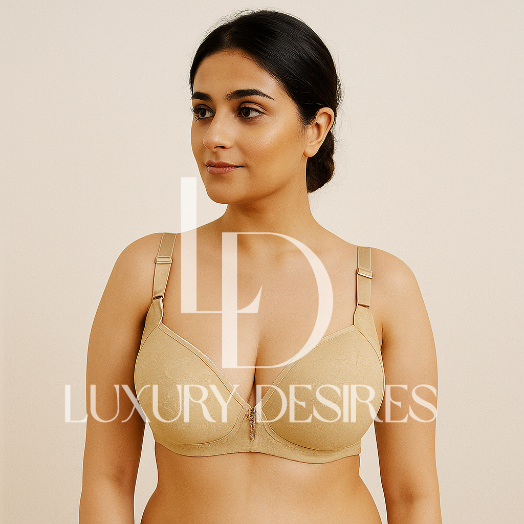 beige Padded bra with 'Luxury Desires' branding