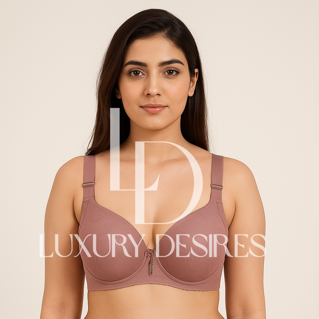 brown bra with 'Luxury Desires' branding
