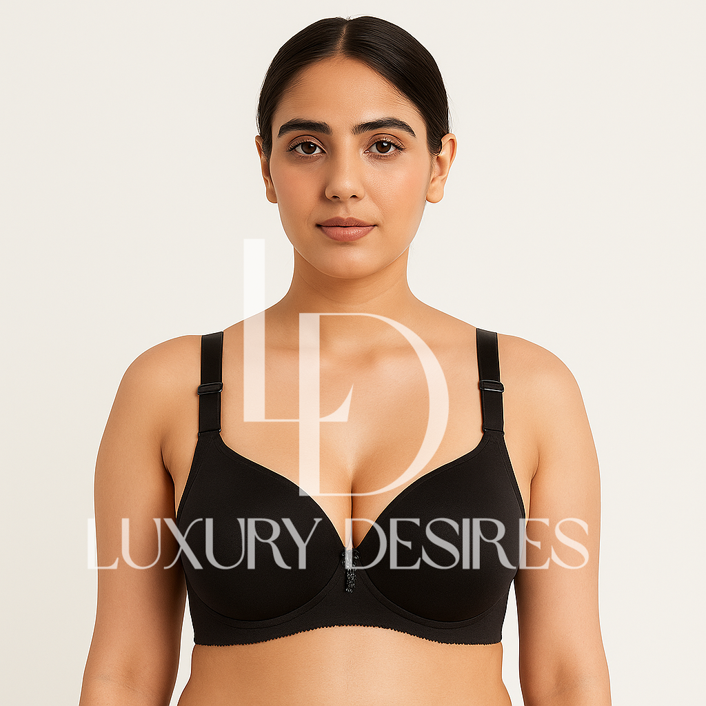 black bra with 'Luxury Desires' branding