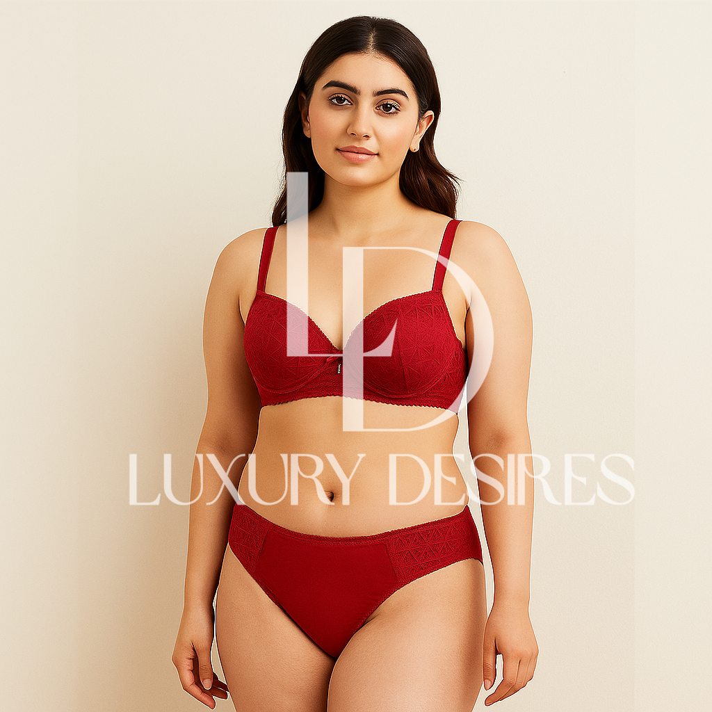 red lingerie set with 'Luxury Desires'