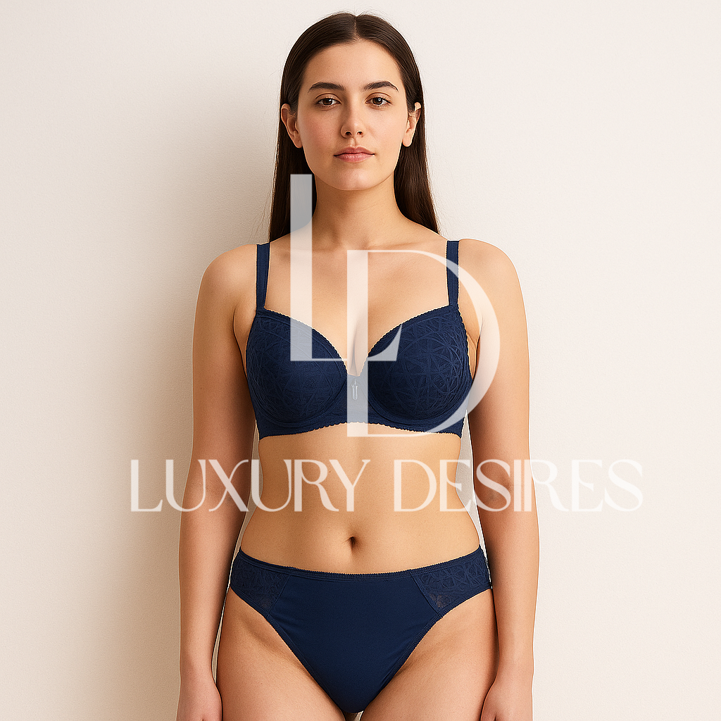 navy blue bra and panties set with 'Luxury Desires' branding.