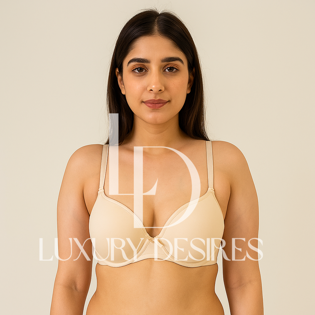 beige Padded Bra with 'Luxury Desires' branding