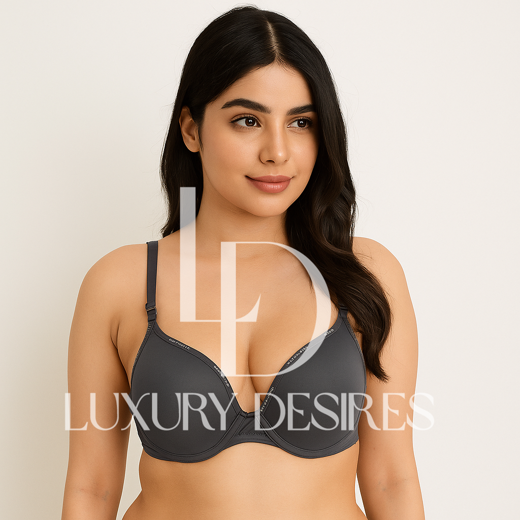 gray Padded bra with 'Luxury Desires' branding
