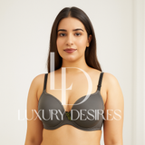gray Padded bra with 'Luxury Desires' branding