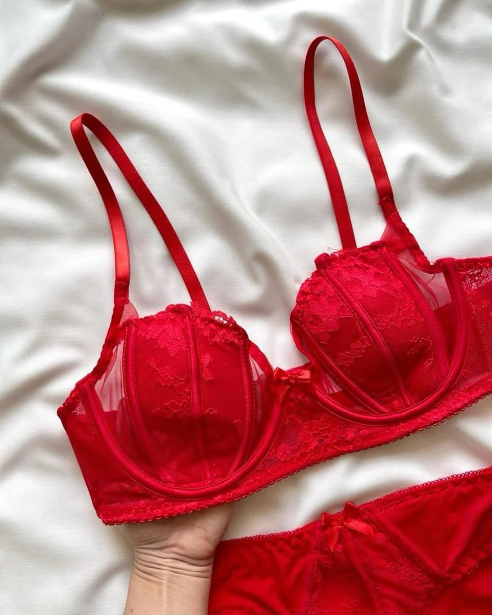 Non Padded Red Net Bra Set
