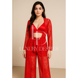 4 pcs Bridal Maroon Nighty Set – Lace Net See Through | Luxury Desires