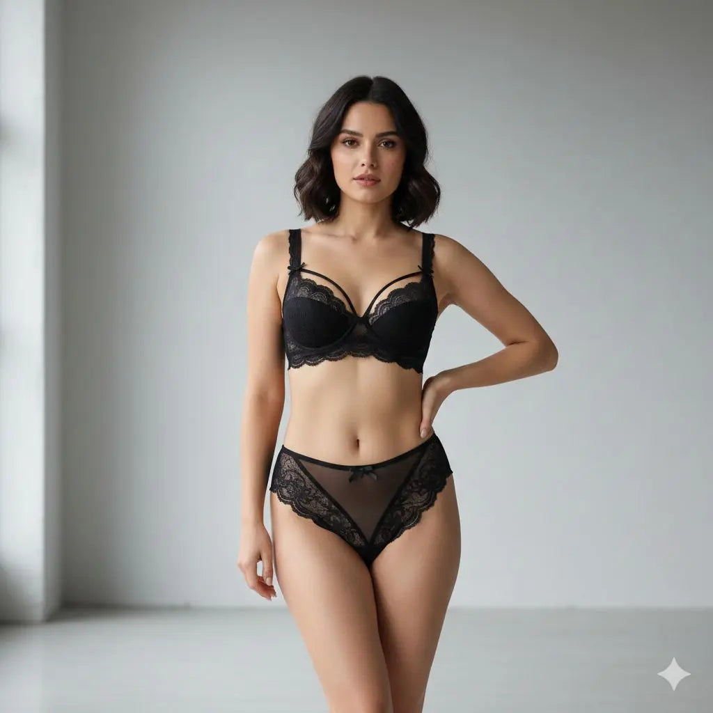 Bridal Lace Black Half Cup Bra Panty Set | Luxury Desires Luxury Desires