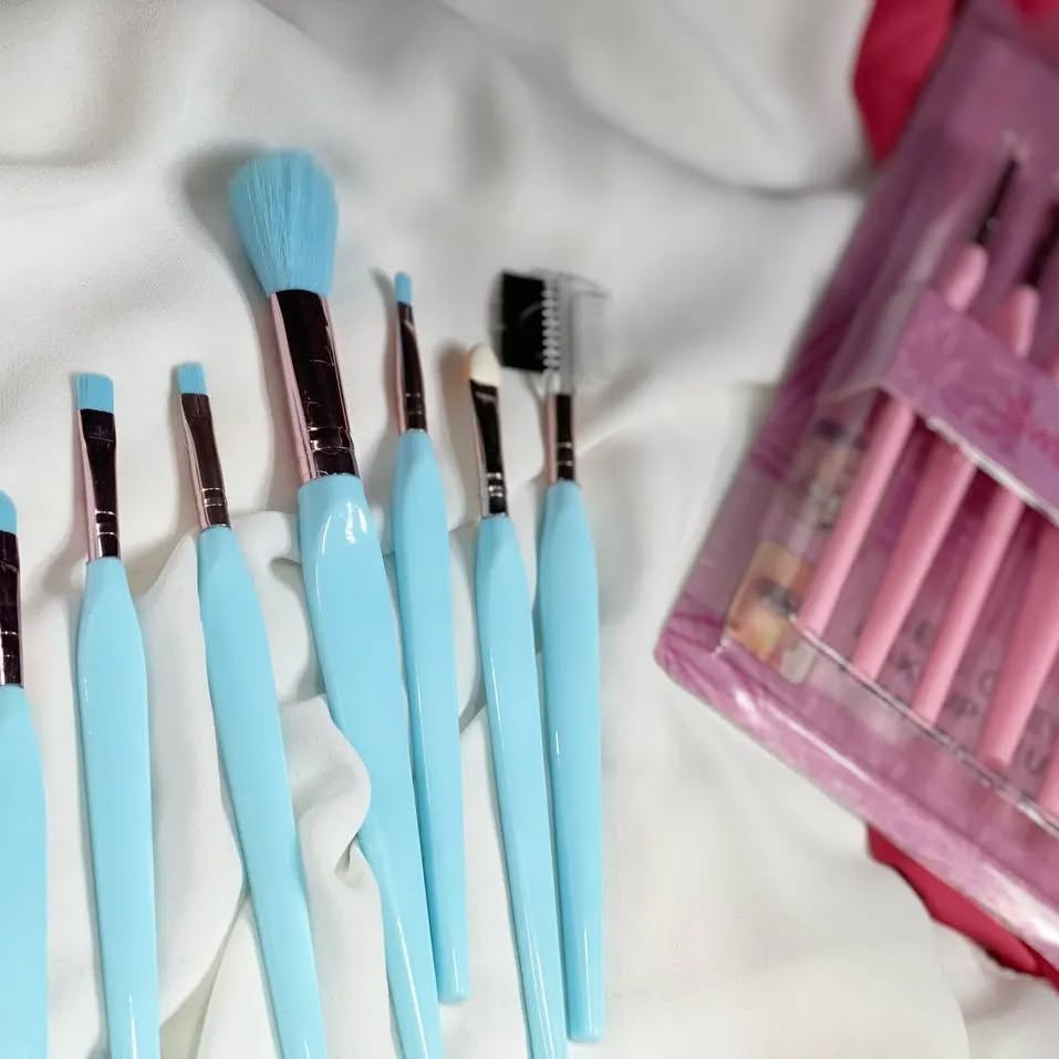 Set of blue makeup brushes