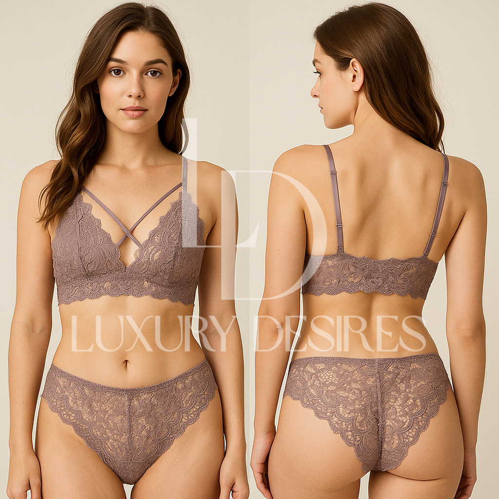 High Quality Sexy Plunge Bra Set - Fawn | Luxury Desires