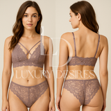 High Quality Sexy Plunge Bra Set - Fawn | Luxury Desires