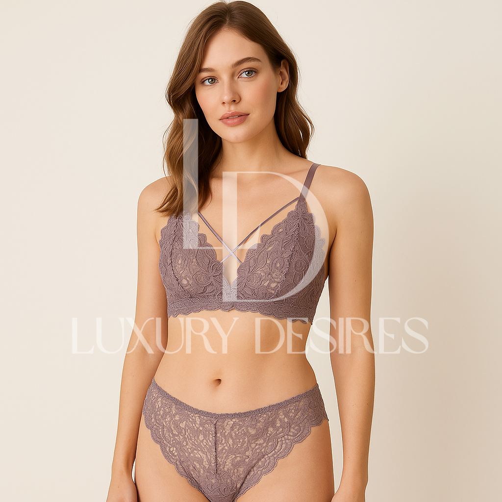 High Quality Sexy Plunge Bra Set - Fawn | Luxury Desires