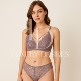 High Quality Sexy Plunge Bra Set - Fawn | Luxury Desires
