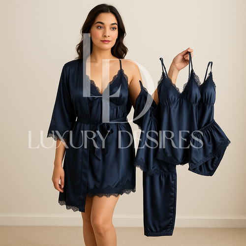 Luxurious Silk Pajama Set Blue | Nightgown Sexy Sleepwear Robe Sets - Luxury Desires