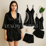 Luxurious Silk Pajama Set Black | Nightgown Sexy Sleepwear Robe Sets - Luxury Desires