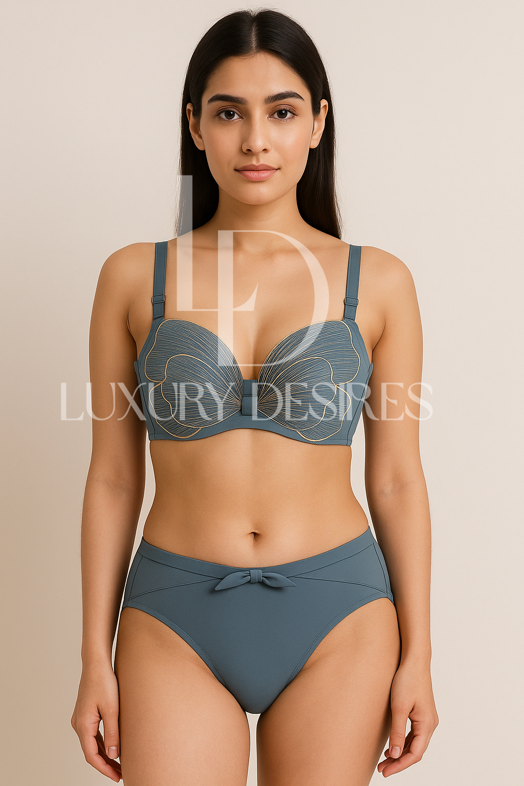 Butterfly Embroidered Adjustable Straps Full Back Bra & Panty