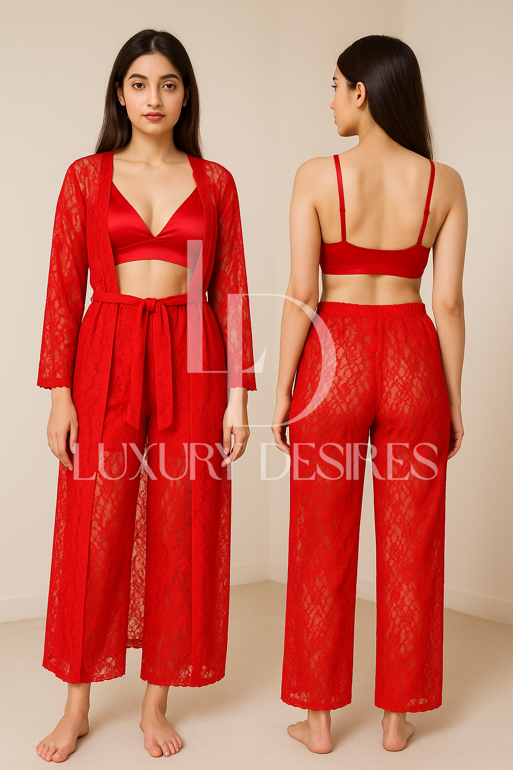 4 pcs Bridal Nighty Set – Lace Net See Through | Luxury Desires
