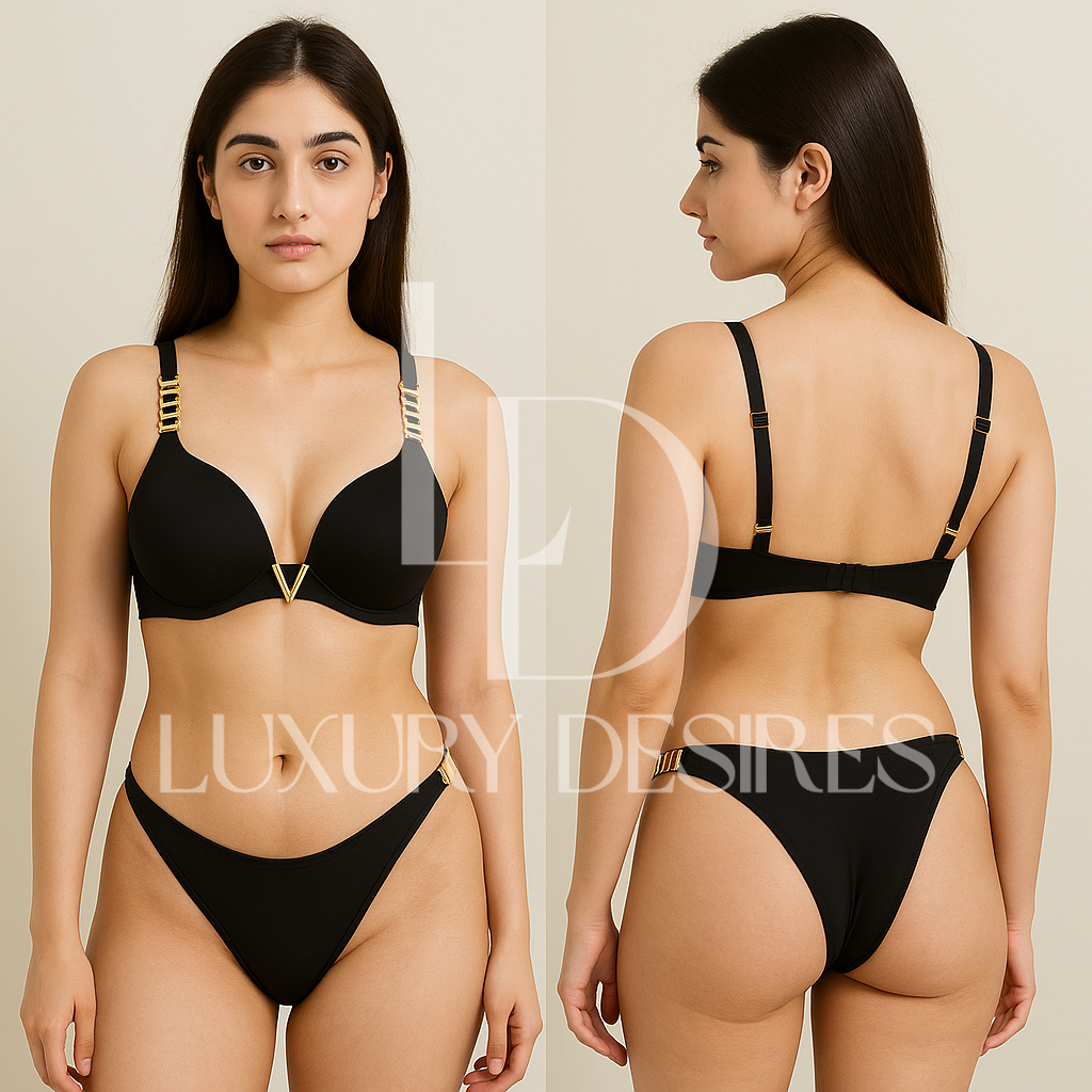 Quality Chain Straps Front Metal V Buckle Bra & Panty | Luxurydesires