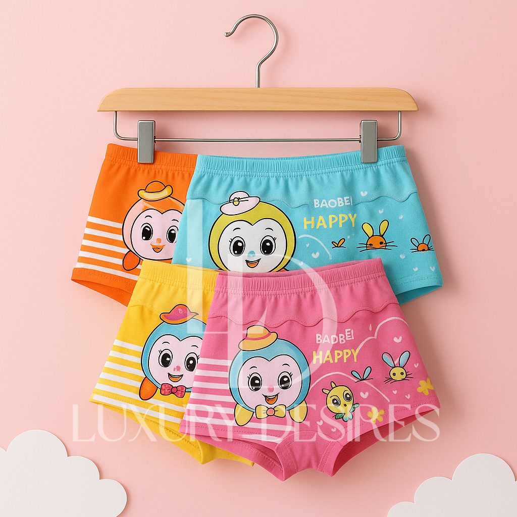 4 Pcs Girls Cotton Boxer - Soft & Comfortable with Fun Designs