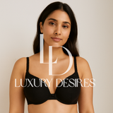 black bra with 'Luxury Desires' branding 