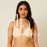 beige bra with 'Luxury Desires' 