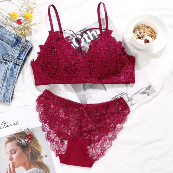 High Quality Sexy Plunge Bra Set - Maroon | Luxury Desires