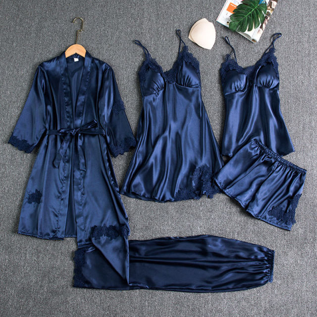 Luxurious Silk Pajama Set Blue | Nightgown Sexy Sleepwear Robe Sets - Luxury Desires