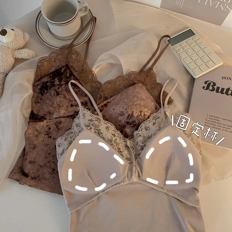 Pure Desire Lace Gold Velvet Sling Strap Bra – Free Sizes