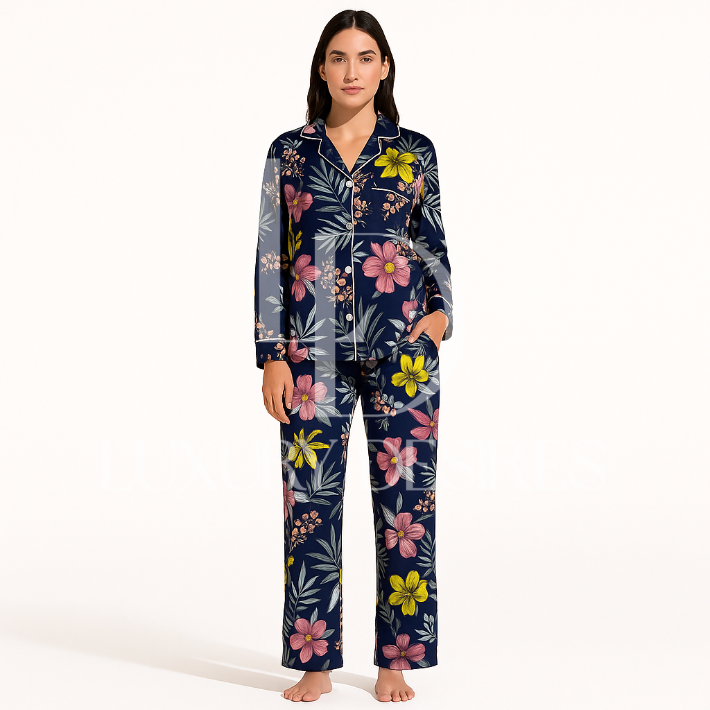 Sleepwear Two Pieces Set – Luxury Floral Linen Pajamas