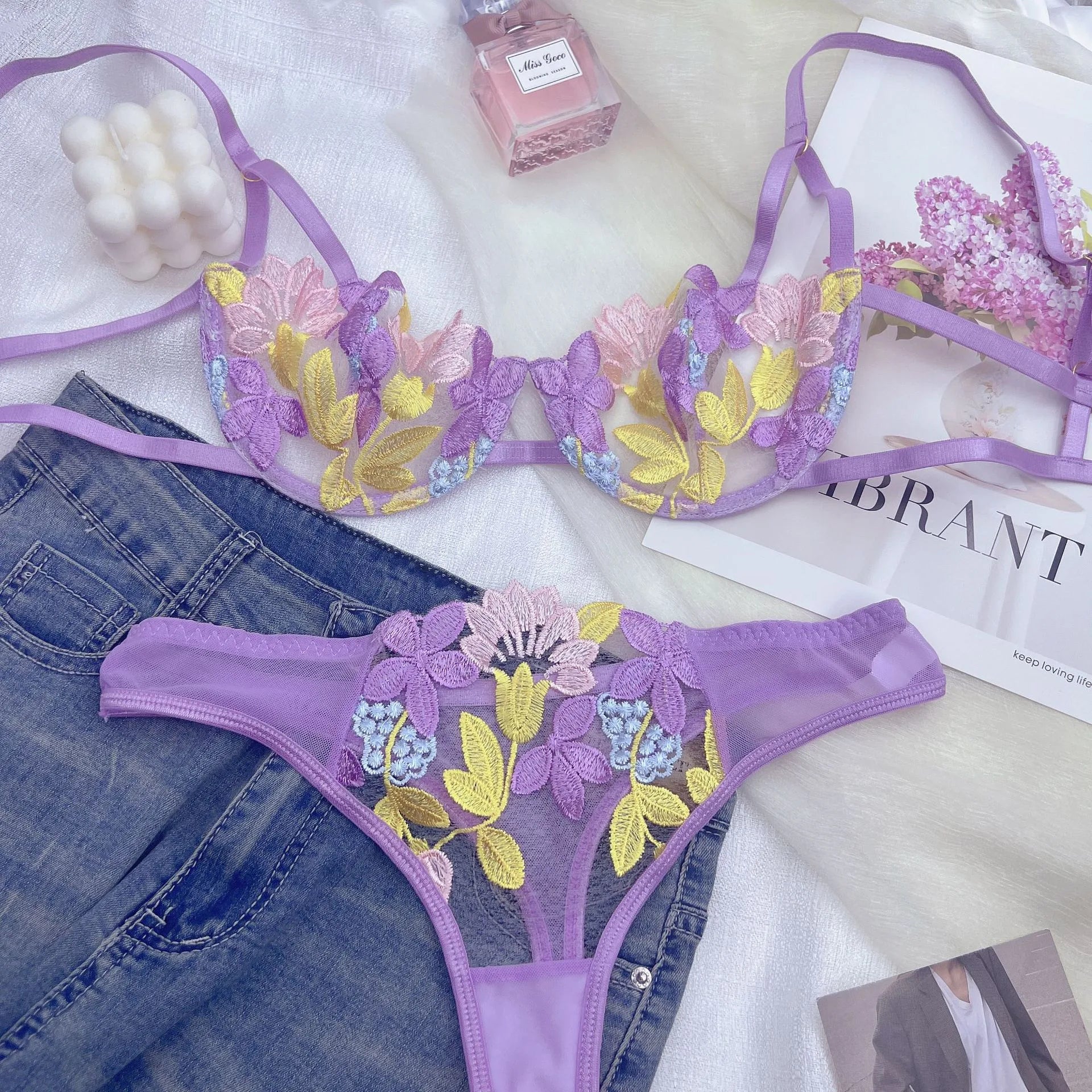 Luxury Desires – New Bright Purple Embroidery Sexy Bra Set