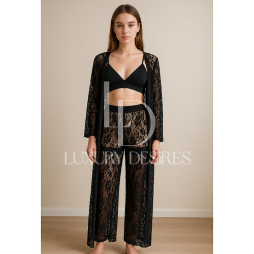 4 pcs Bridal Black Nighty Set – Lace Net See Through | Luxury Desires