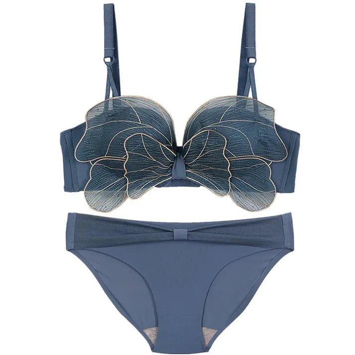 Butterfly Embroidered Adjustable Straps Full Back Bra & Panty