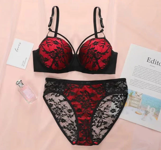 Bra Set - Cute Lace Embroidery Push-Up Lingerie - Luxury Desires