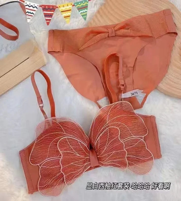 Butterfly Embroidered Adjustable Straps Full Back Bra & Panty
