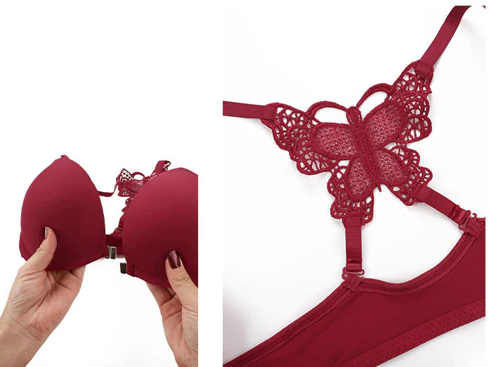 Front Open Butterfly Back Push-Up Bra Set - Maroon | Luxury Desires